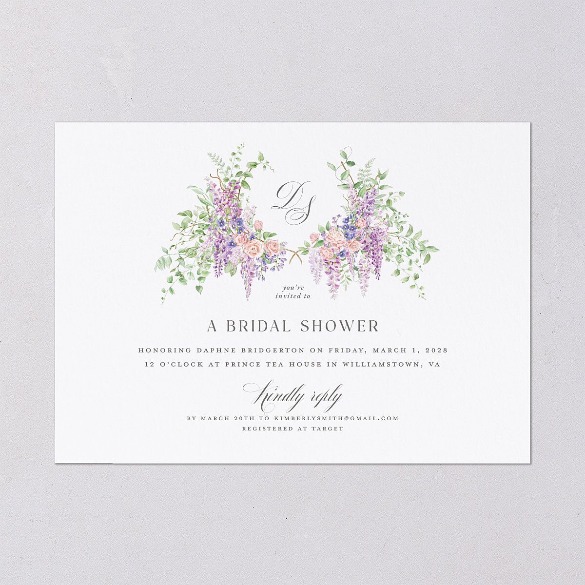 Formal Wisteria Garden Crest Bridal Shower Invitations by Bridgerton Purple Haze Signature Blank Standard