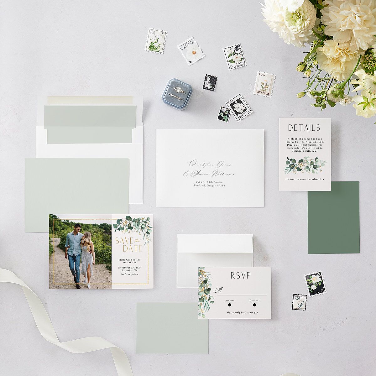 Timeless Floral Hoop Save The Date Cards Gold Pure White Signature smooth Blank No Standard