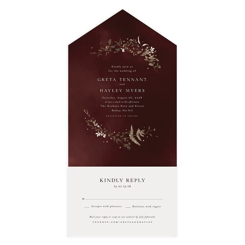 Twilight Greenery All-in-One Wedding Invitations Burgundy Signature Light Both Recipient and Return Addresses No