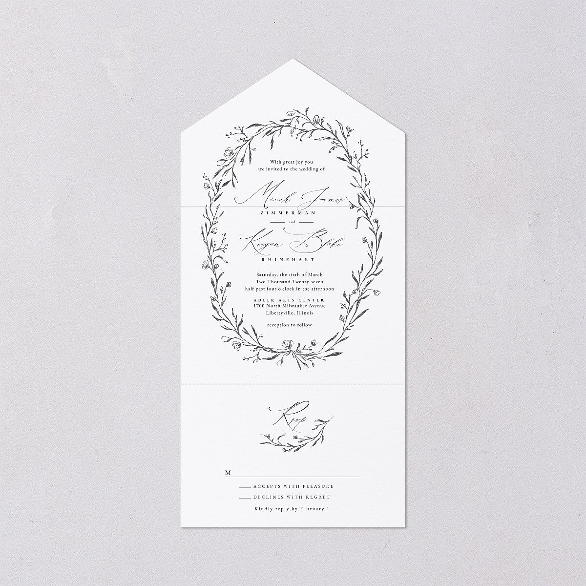 Illustrated Vines All-in-One Wedding Invitations Charcoal Signature Light Both Recipient and Return Addresses No