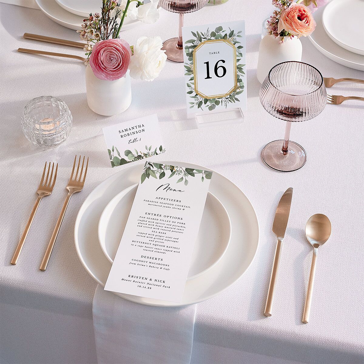Eucalyptus Frame Foil Table Numbers Gold Pure White Signature
