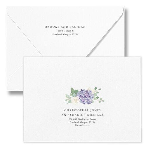 Elegant Hydrangea Bridal Shower Invitation Euro Envelopes White Boysenberry Both Recipient and Return Addresses Luxe Signature