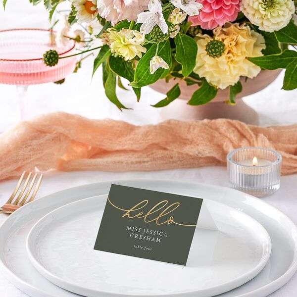 Romantic Photo Place Cards Gold Hunter Green Signature
