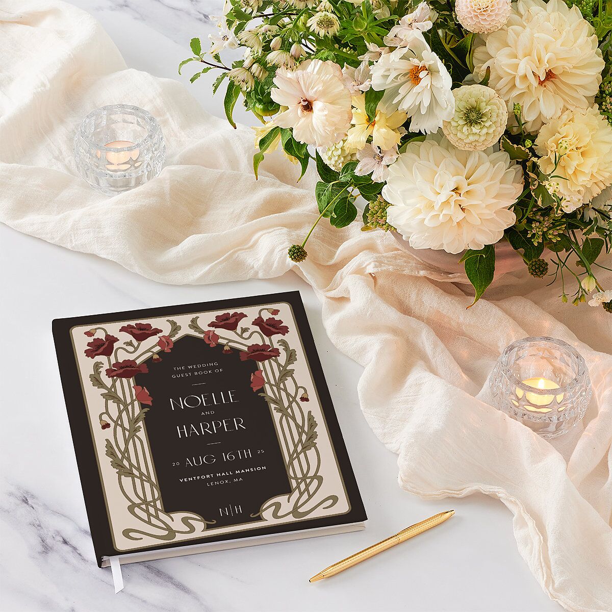 Vintage Nouveau Floral Wedding Guest Book Merlot
