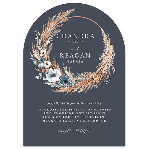 Bohemian Floral Hoop Wedding Invitations Dark Navy Signature Blank No Arch