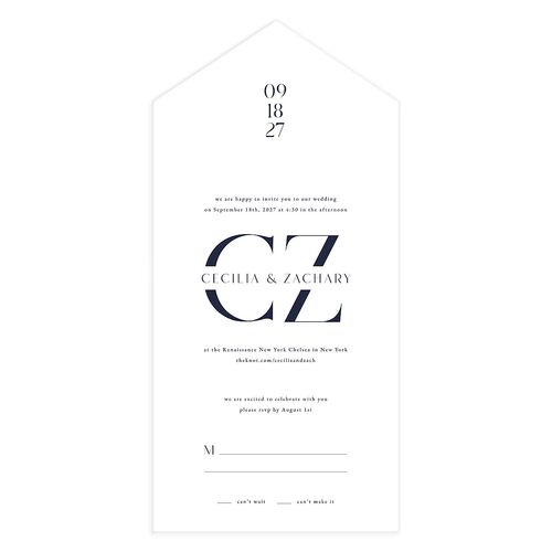 Simple Modern Monogram All-in-One Wedding Invitations Navy Signature Light Both Recipient and Return Addresses No
