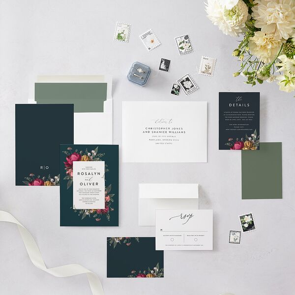 Blooming Botanical Wedding Invitations Ink Blue Signature Blank No Standard