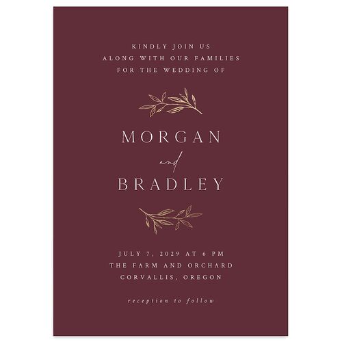 Botanical Accent Foil Wedding Invitations Merlot Gold Signature Blank Standard No