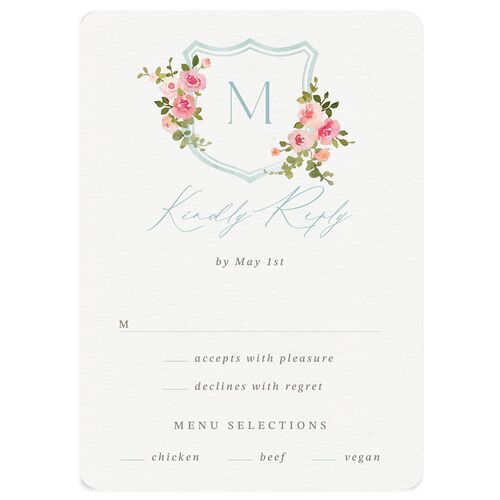 Watercolor Floral Crest Wedding Response Cards Shell Pink Signature Rounded