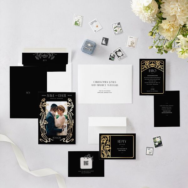 Gilded Nouveau Save the Date Cards Gold Licorice Signature smooth Blank No Standard