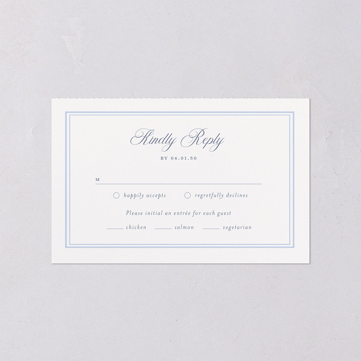 Vintage French Floral Toile All-in-One Wedding Invitations Dusty Blue Signature Light Both Recipient and Return Addresses No
