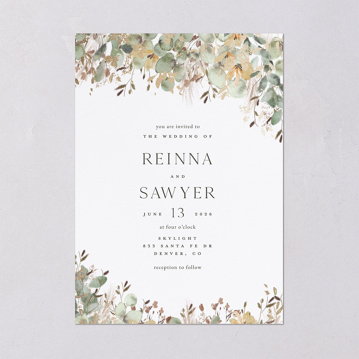 Eucalyptus Edges Wedding Invitations Gold Pure White Signature Blank No