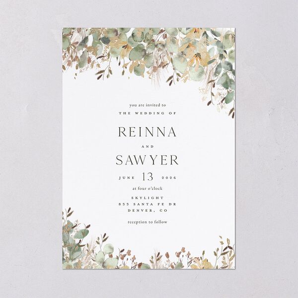 Eucalyptus Edges Wedding Invitations Gold Pure White Signature Blank No