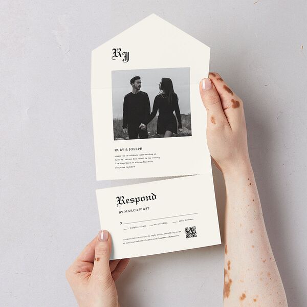 Minimalist Gothic Photo All-in-One Wedding Invitations Ivory Signature Light Both Recipient and Return Addresses No