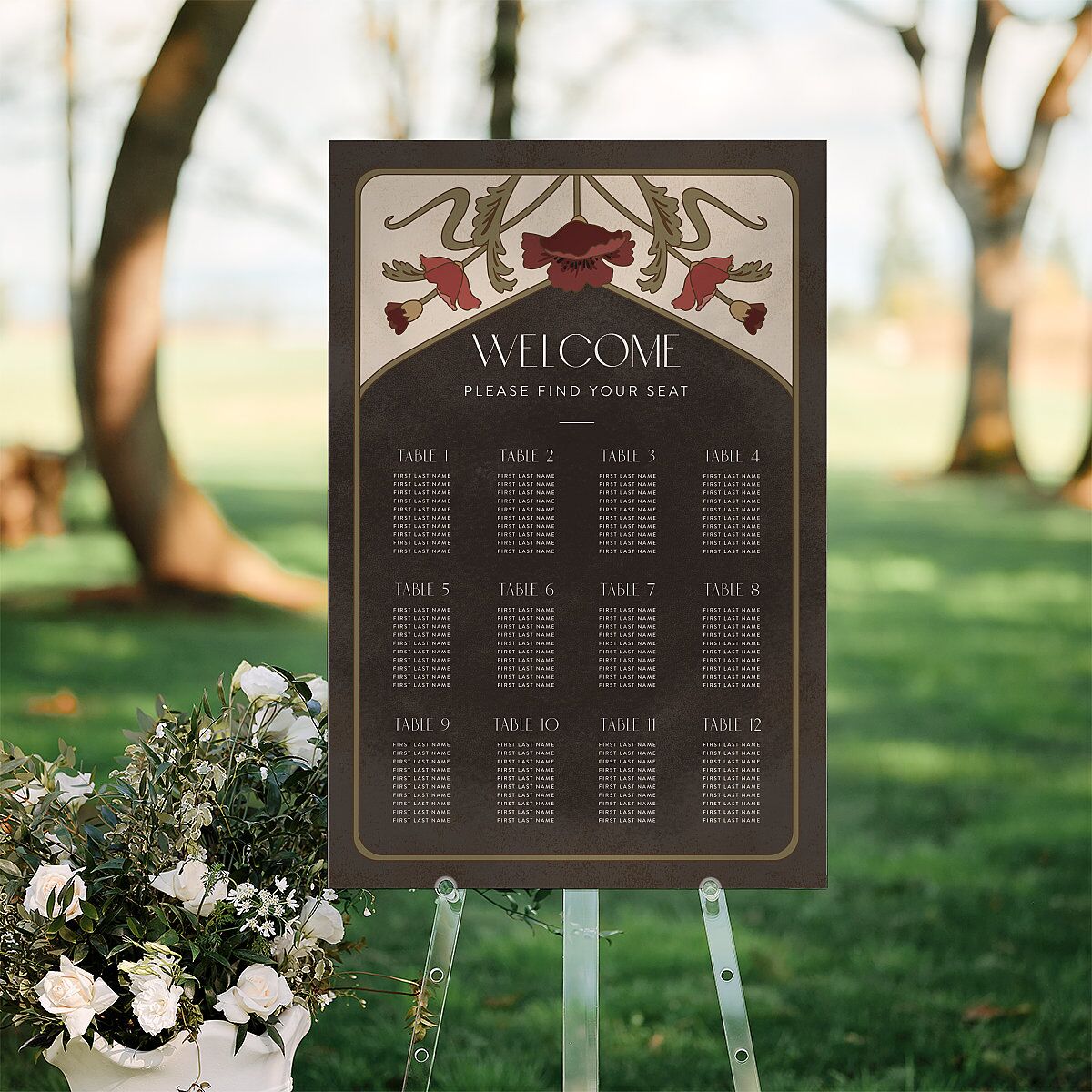 Vintage Nouveau Floral Standard Seating Chart Large Merlot Standard Indoor Foam Core L Seating