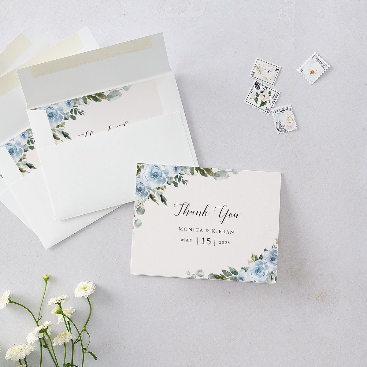 Romantic Laurel Thank You Cards Dusty Blue