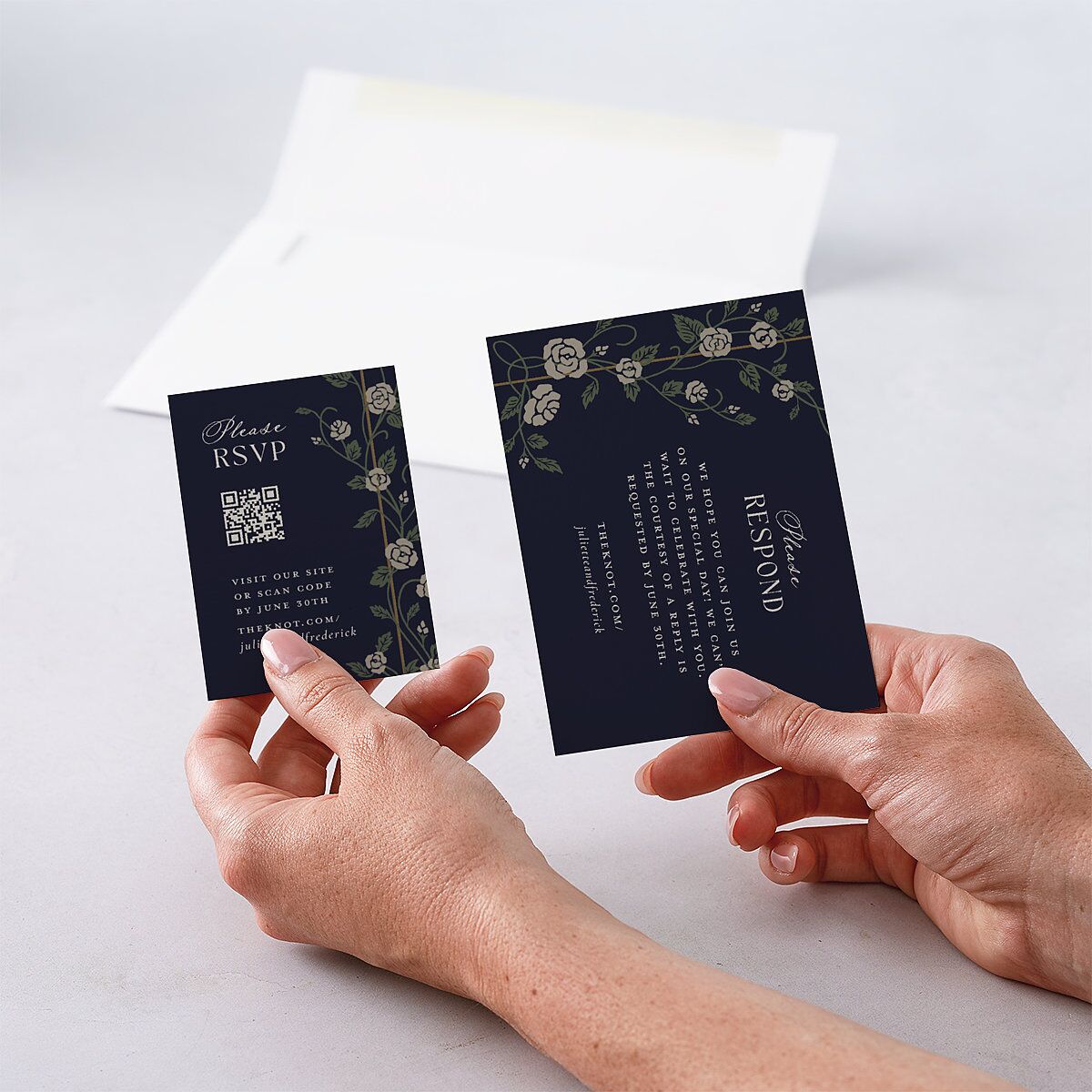Sword and Roses Fantasy Garden QR Code RSVP Cards Dark Navy Signature Standard