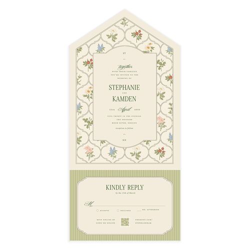 Floral Vintage Lattice All-in-One Wedding Invitations Champagne Signature Light Both Recipient and Return Addresses No