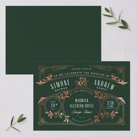 Ornate Elegance Wedding Invitations Rose Gold Dark Emerald Signature Blank No