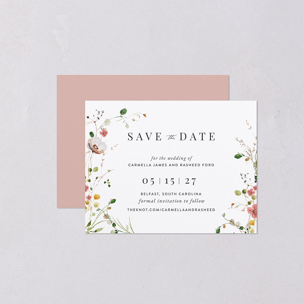 Delicate Wildflower Save the Date Petite Cards Peach Pink Signature smooth Blank No Standard