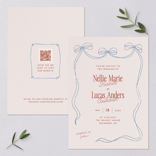 Modern Delicate Bows Wedding Invitations Jewel Red Signature Blank Standard