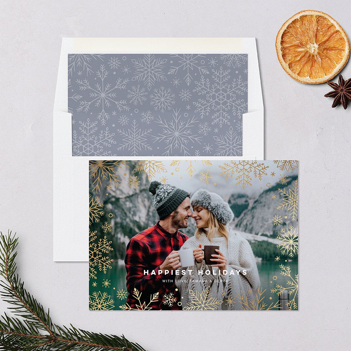 Snowflake Window Holiday Cards Gold Moody Blue Signature Blank Standard Landscape