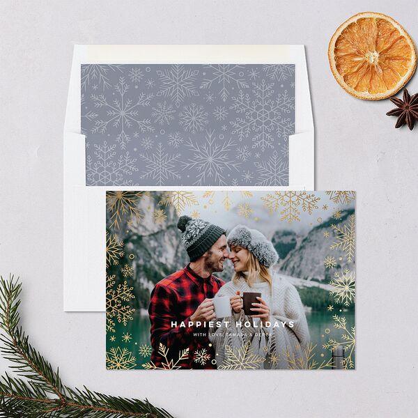 Snowflake Window Holiday Cards Gold Moody Blue Signature Blank Standard Landscape