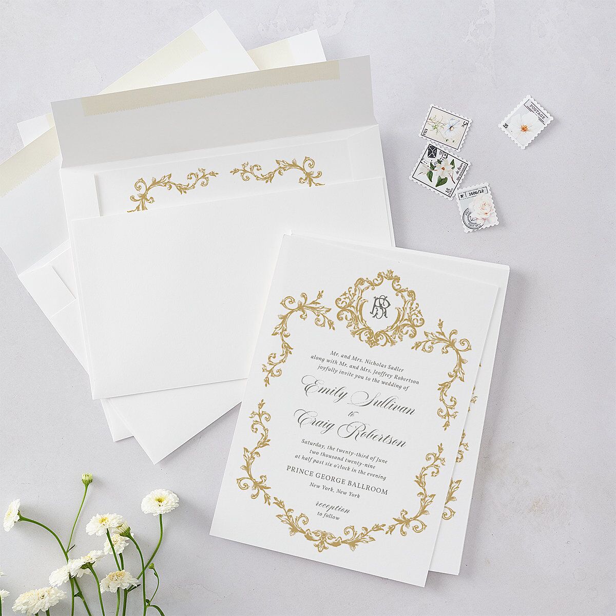 Vintage Regency Monogram Frame Wedding Invitations Pure White Signature Blank No Standard
