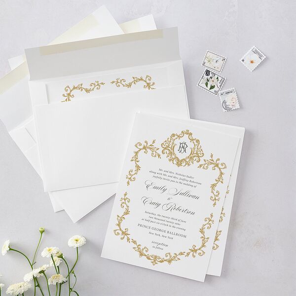 Vintage Regency Monogram Frame Wedding Invitations Pure White Signature Blank No Standard