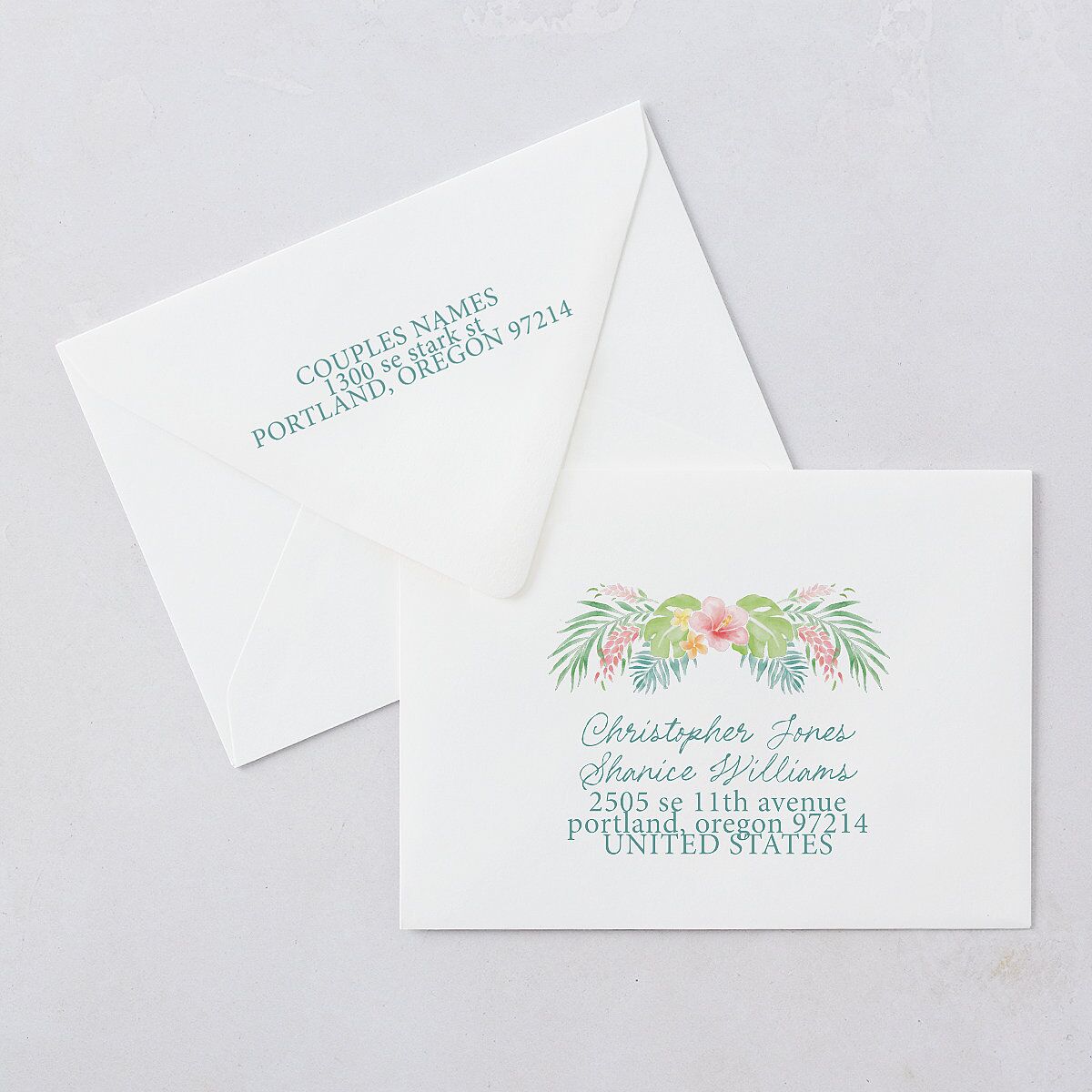Watercolor Palm Crest Wedding Invitation Euro Envelopes Avocado White Both Recipient and Return Addresses Luxe Signature