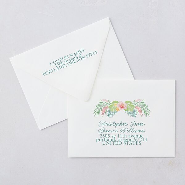 Watercolor Palm Crest Wedding Invitation Euro Envelopes Avocado White Both Recipient and Return Addresses Luxe Signature