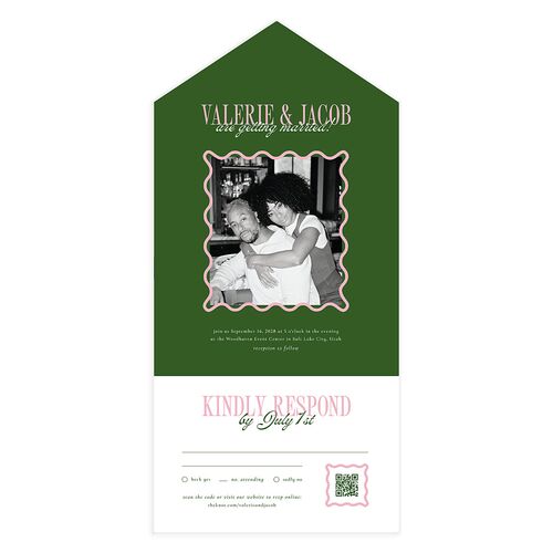 Wavy Frame Photo All-in-One Wedding Invitations Scottish Green Signature Light Both Recipient and Return Addresses No