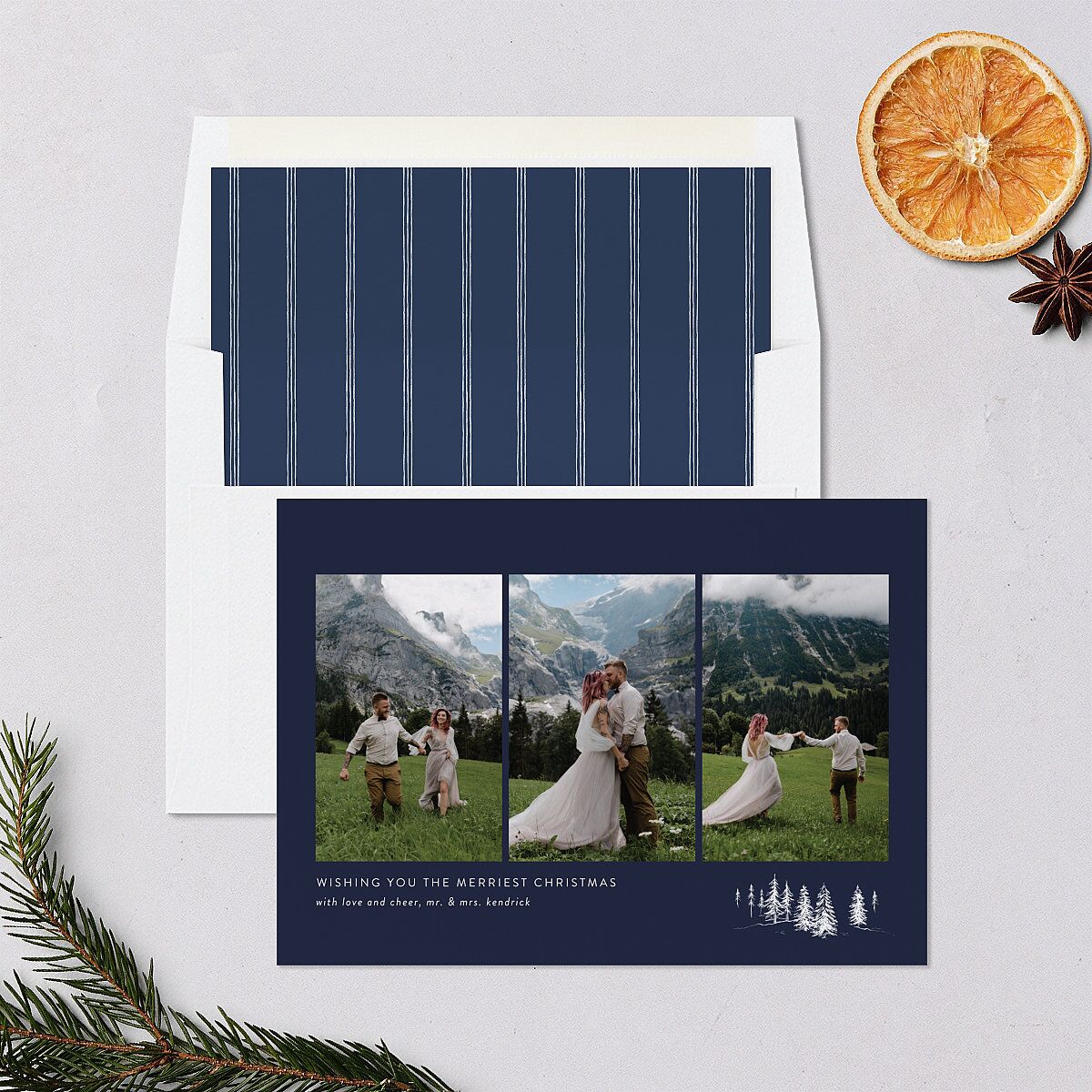Triptych Trees Holiday Cards Navy Signature Blank Landscape Standard