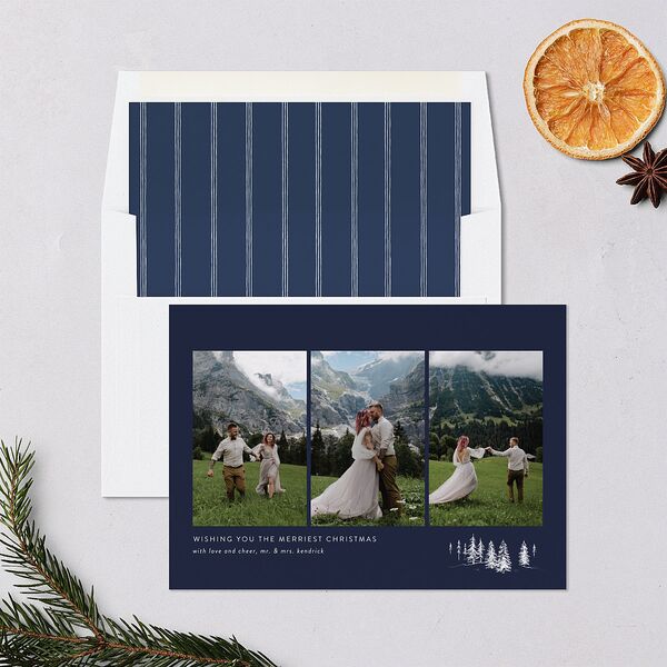 Triptych Trees Holiday Cards Navy Signature Blank Landscape Standard