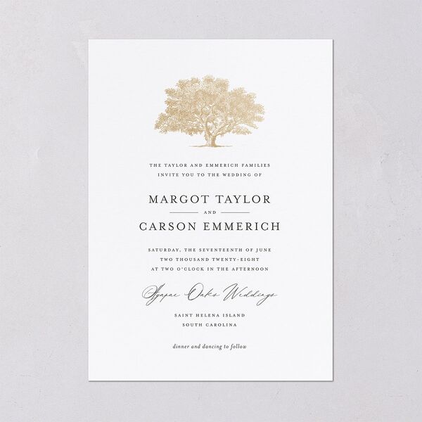 Southern Oak Tree Foil Wedding Invitations Gold Pure White Signature Blank No Standard