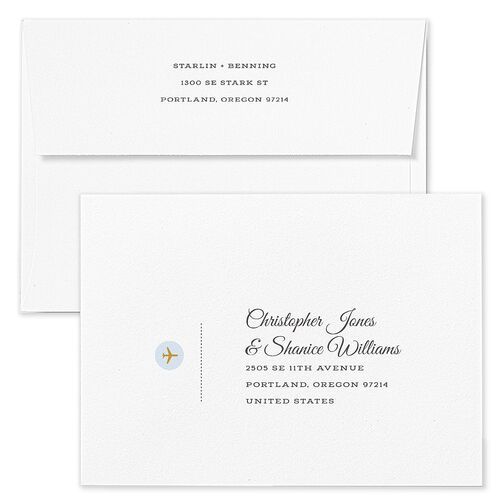 Retro Boarding Pass Travel Ticket Save The Date Card Envelopes Blue Slate Return Address Signature Standard