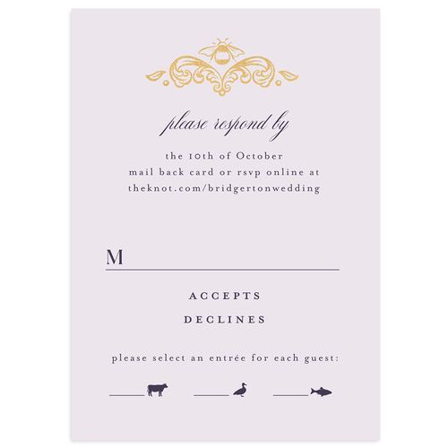 Glamorous Crown Monogram Crest Wedding Response Cards by Bridgerton Gold Sheer Lilac Signature