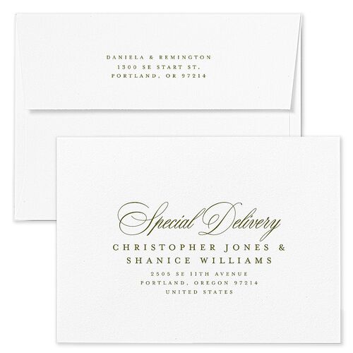 Modern Classic Picture Landscape Save The Date Card Envelopes White Olive Both Recipient and Return Addresses Signature Standard