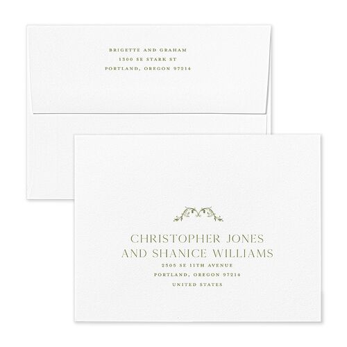 Vintage Ornate Frame Save the Date Magnet Envelopes Blue Olive Return Address Signature Standard
