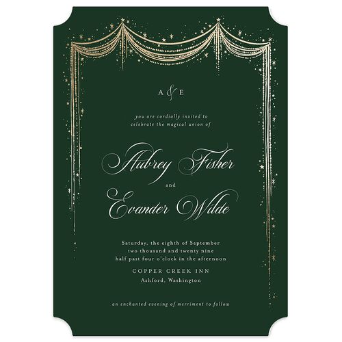 Fairytale Luxury Foil Wedding Invitations Dark Emerald Gold Signature Blank No Ticket