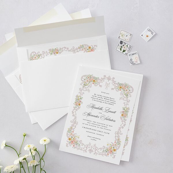 Elegant Floral Regency Wedding Invitations Pink Cotton Signature Blank No Standard