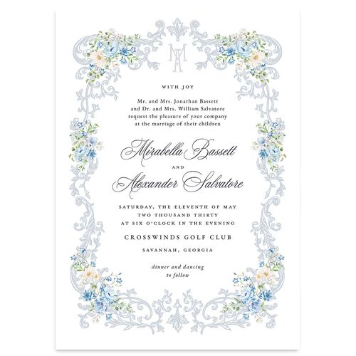 Elegant Floral Regency Wedding Invitations Dusty Blue Signature Blank No Standard
