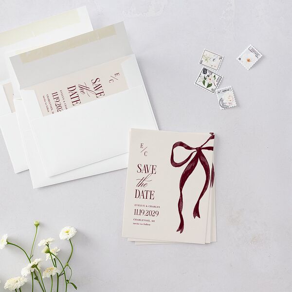 Whimsical Hand Drawn Bow Save the Date Petite Cards Burgundy Signature smooth Blank No Standard