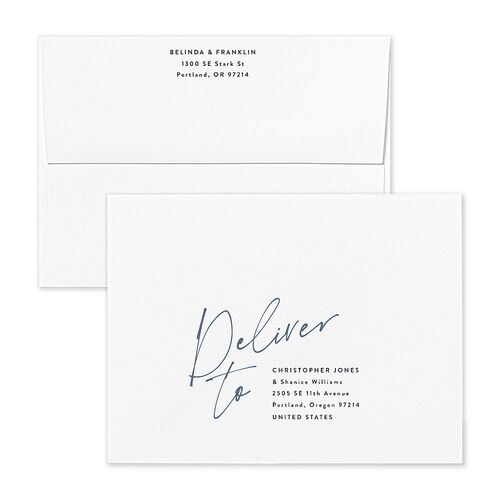 Modern Script Names Save the Date Magnet Envelopes White Navy Both Recipient and Return Addresses Signature Standard