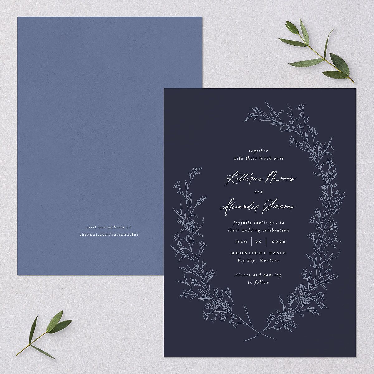 Romantic Branches Wedding Invitations Navy Signature Blank No Standard