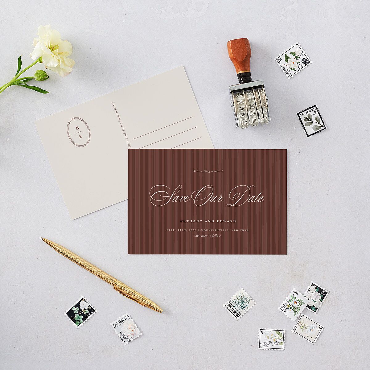 Vintage Oval Monogram Save the Date Postcards Merlot