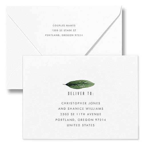 Tropical Leaves Save The Date Card Euro Envelopes White Midnight Both Recipient and Return Addresses Luxe Signature