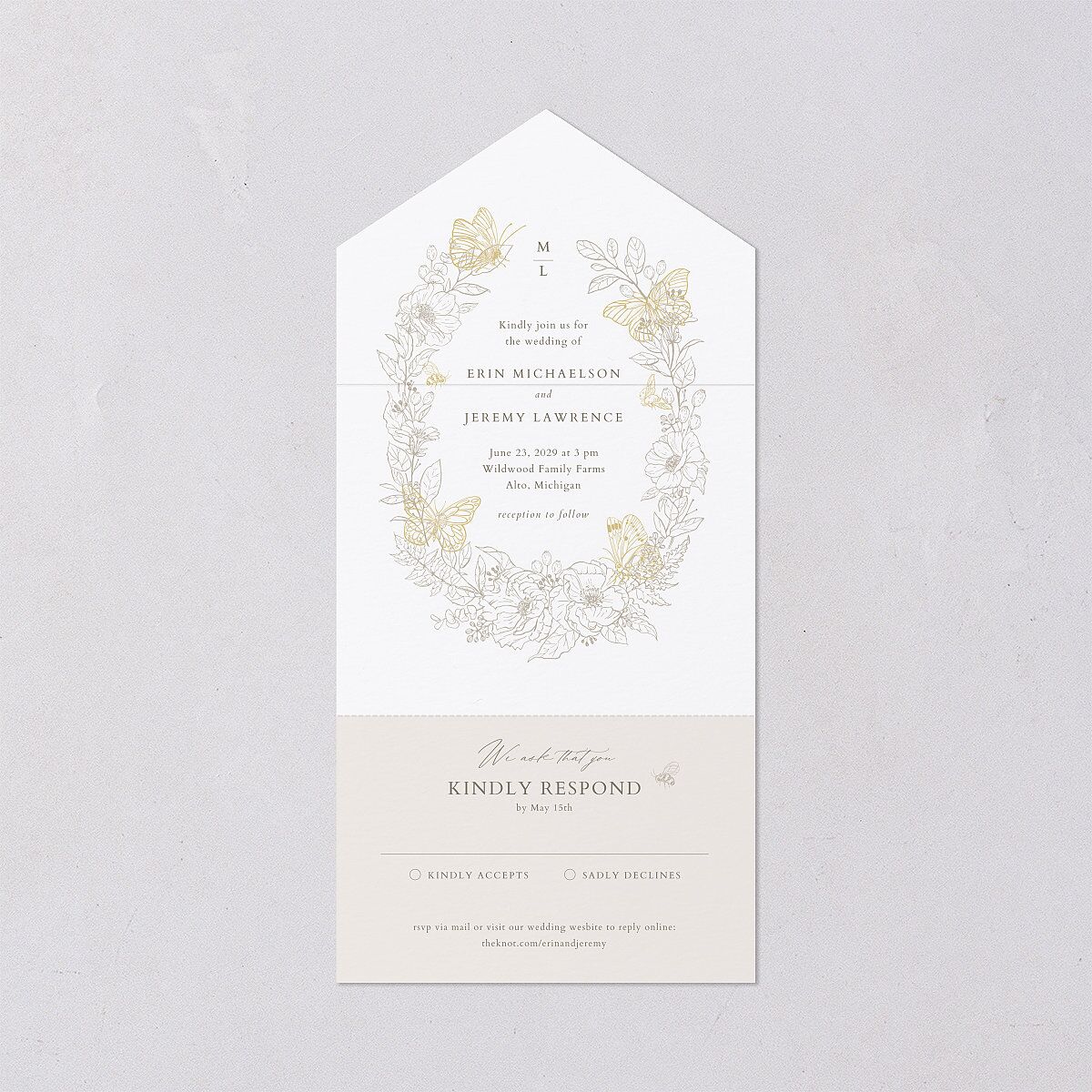 Butterfly Botanical All-in-One Wedding Invitations Pure White Signature Light Both Recipient and Return Addresses No