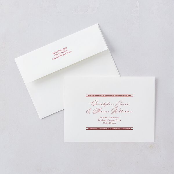 Chinese Double Happiness Rehearsal Dinner Invitation Envelopes White Scarlet Both Recipient and Return Addresses Signature Standard