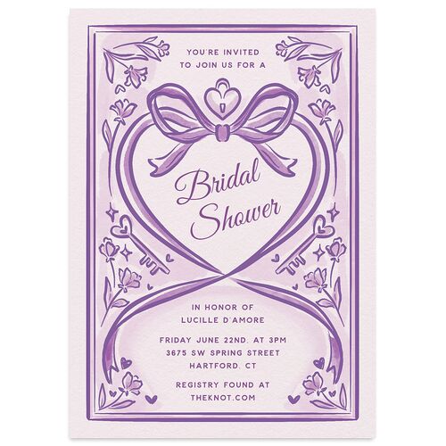 Vintage Heart Locket Bridal Shower Invitations Purple Petal Signature Blank Standard